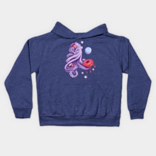 Octopus with donut and jam and red headphones with music. Bright artwork Kids Hoodie